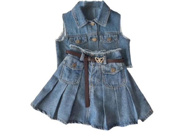 ユスオックスデニムスカートセットアップ 2点セット 子供用 女の子 Tシャツ ノースリーブ ポロネック 通気性